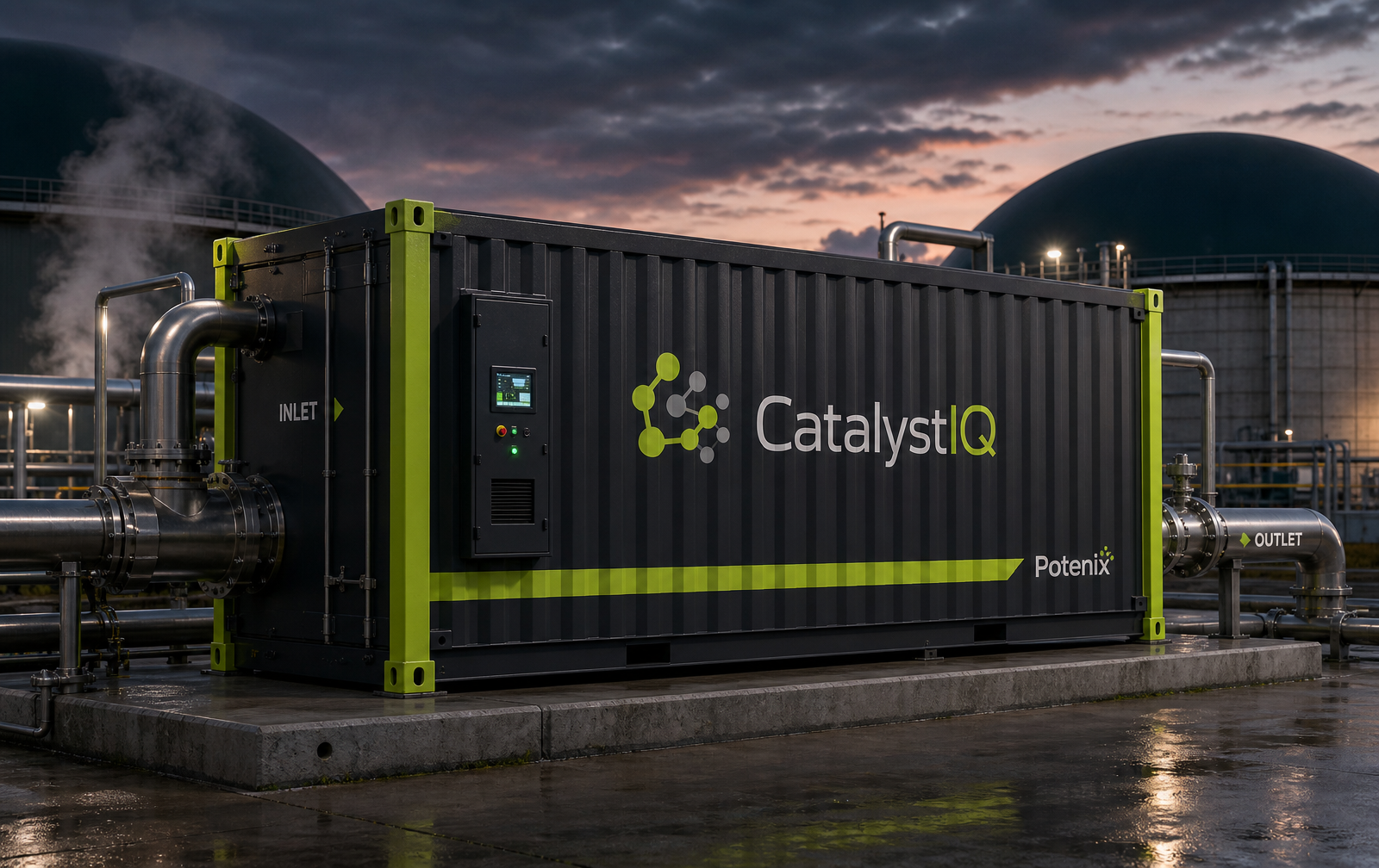 Potenix CatalystIQ containerised pretreatment unit with control panel, sampling ports and process connections, installed at a plant